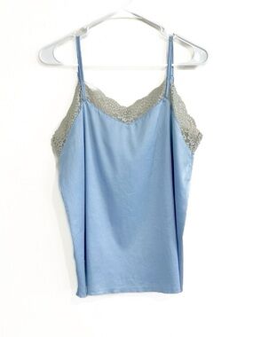 Satin Sheer Lace Camisole Tank Top Blue Large Babydoll Fairy Dainty Cottagecore